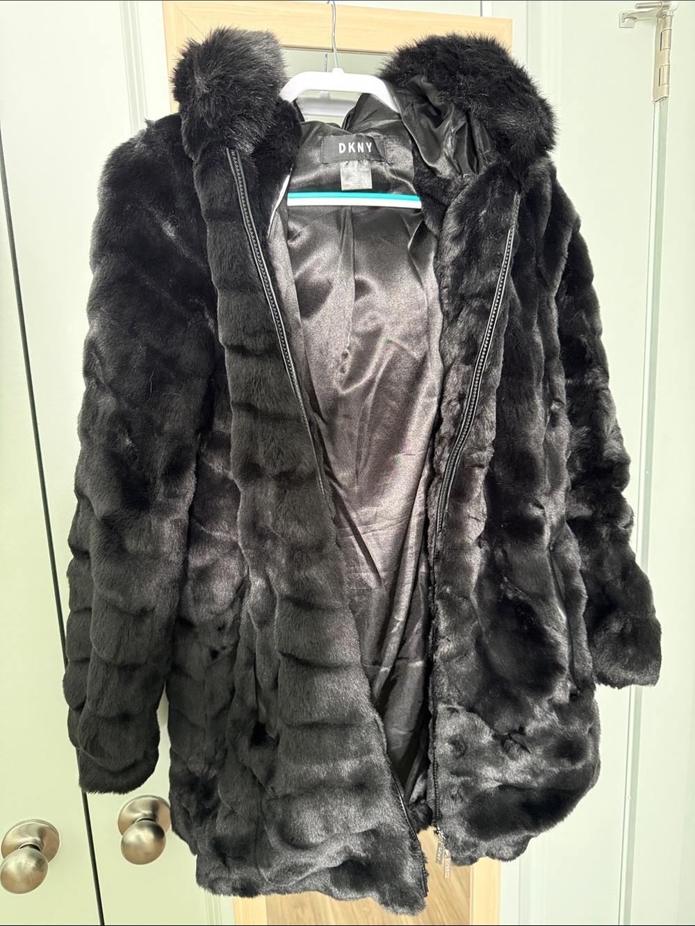 DKNY Black Faux Fur Hooded Pea Coat